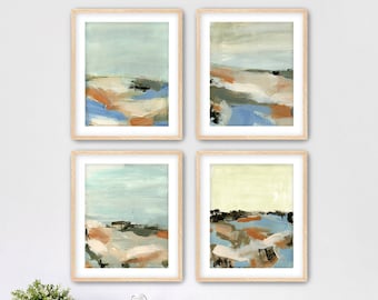 Set of 4 Abstract Coastal Wall Art Prints by Jacquie Gouveia, 4 Piece Cape Cod Beach Wall Art, 4 8x10 Blue Tan Gray Coastal Home Art Prints
