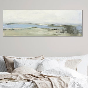 Long Horizontal Canvas Wall Art by Jacquie Gouveia, Calm Coastal Sage Green Landscape Print to Hang Over Bed, Oversized Panoramic Beach Art