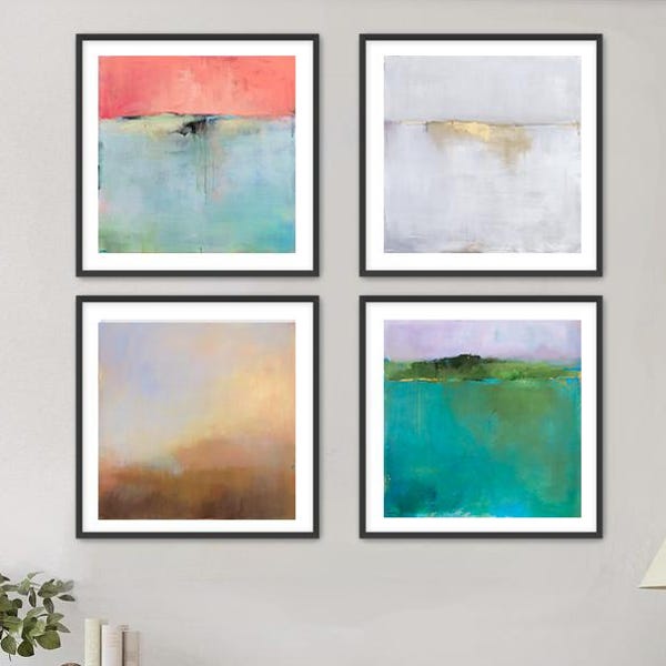 Juego de 4 impresiones coordinadas, coloridas y vibrantes impresiones artísticas de paisajes abstractos, juego de 4 impresiones, galería de pared para sala de estar, artículos para el hogar