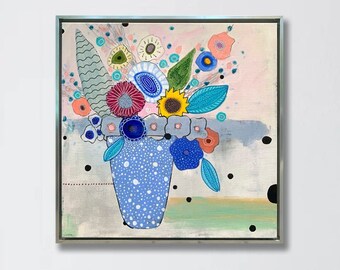 Original Framed Painting on Canvas 24x24 Cheerful Colorful Vase of Flowers Floral Painting | Modern Whimsical Wall Art | Botanical Decor