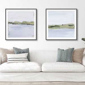 Set of 2 Abstract Coastal Landscape Art Prints by Jacquie Gouveia, 2 Piece Soft Blue Beachscape Art Prints, Large Serene Beach Paintings