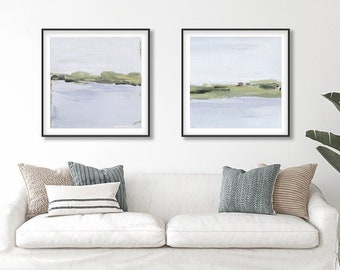 Set of 2 Abstract Coastal Landscape Art Prints by Jacquie Gouveia, 2 Piece Soft Blue Beachscape Art Prints, Large Serene Beach Paintings