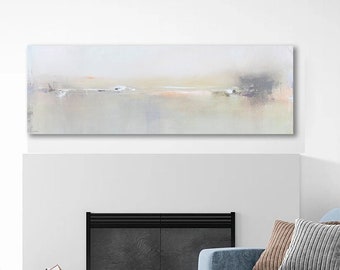 Calming Cozy Coastal Grandmother Decor | Art Above Fireplace | Over Bed, Couch, Mantel | Long Neutral Horizontal Wall Art | Panoramic Canvas