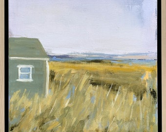 Framed Cape Cod Coastal Painting by Jacquie Gouveia, Original Beach Cottage on Marsh Framed Painting, 12x12 Landscape Coastal Wall Art