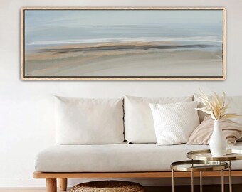 Framed Rectangular Coastal Wall Art by Jacquie Gouveia, Narrow Horizontal Panoramic Serene Gray Beige, Oversized Canvas Art to Hang Over Bed