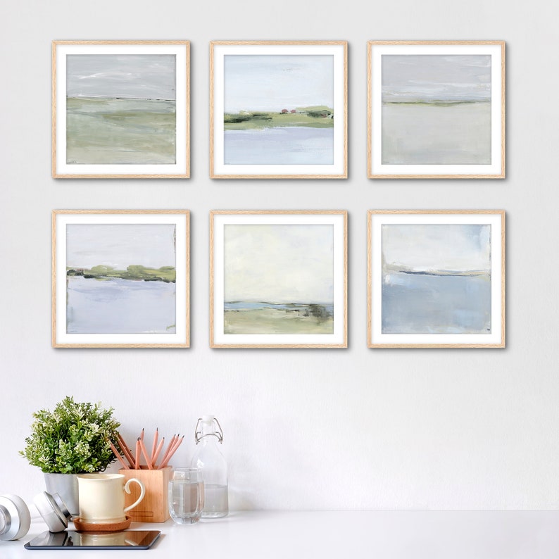 Set of 6 Abstract Coastal Wall Art Prints by Jacquie Gouveia, 6 Piece Boho Coastal Wall Art, Group of 6 Muted Blue Beachy Home Art Prints image 1