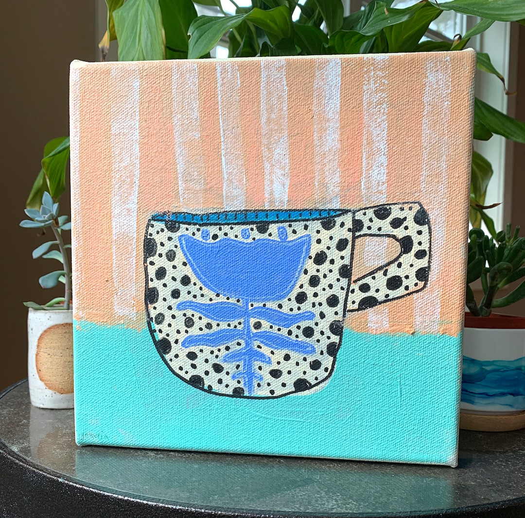 Whimsical Coffee Mug Painting on Canvas Hygge Decor Small Etsy