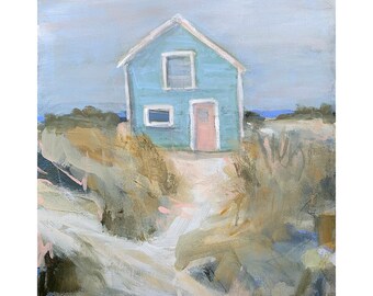 Cape Cod Coastal Painting by Jacquie Gouveia, Original Blue Beach Cottage in Sand Dunes Painting, 16x20 Seashore Beachscape Ocean Art