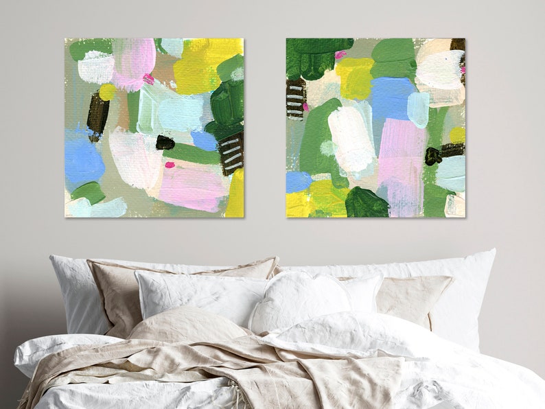 Set of 2 Vibrant Abstract Landscape Art Prints by Jacquie Gouveia, Group of 2 Colorful Art Prints, Square Pink Green Blue Canvas Prints image 7