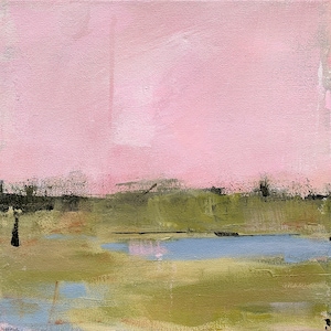 Original Abstract Landscape Painting by Jacquie Gouveia, 12x12 Pink Sky Landscape Art, Blue Pond in Green Field Wall Art on Canvas image 1