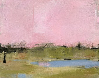 Original Abstract Landscape Painting by Jacquie Gouveia, 12x12 Pink Sky Landscape Art, Blue Pond in Green Field Wall Art on Canvas