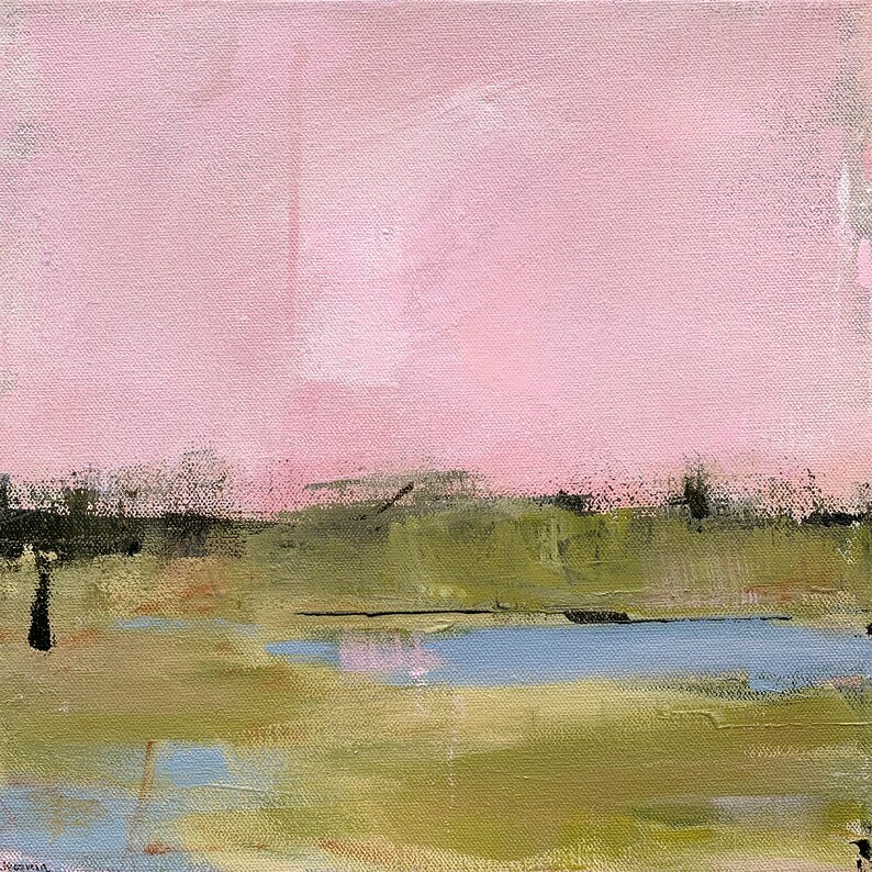 Original Abstract Landscape Painting by Jacquie Gouveia, 12x12 Pink Sky Landscape Art, Blue Pond in Green Field Wall Art on Canvas image 1