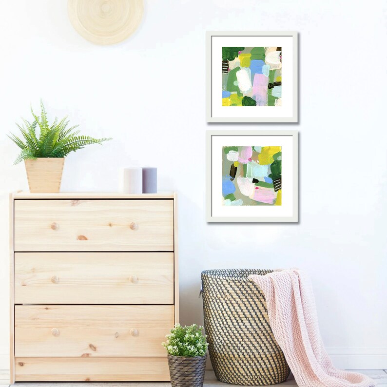 Set of 2 Vibrant Abstract Landscape Art Prints by Jacquie Gouveia, Group of 2 Colorful Art Prints, Square Pink Green Blue Canvas Prints image 3