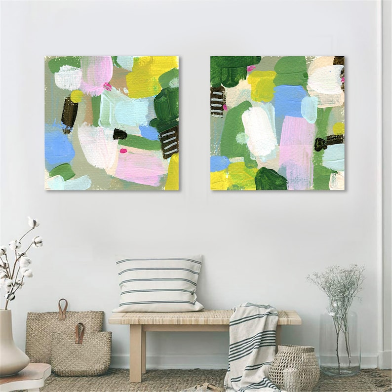 Set of 2 Vibrant Abstract Landscape Art Prints by Jacquie Gouveia, Group of 2 Colorful Art Prints, Square Pink Green Blue Canvas Prints image 6