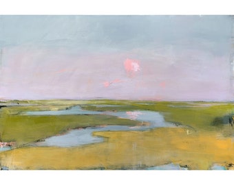 Original Coastal Sunrise Salt Marsh Painting by Jacquie Gouveia, 24x36 Abstract Landscape Painting, Horizontal Acrylic Painting on Canvas