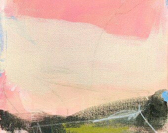 8x8 Abstract Landscape Painting, Colorful Original Acrylic Painting on Canvas, Pink Sky, Small Square Painting, Apartment, Jacquie Gouveia