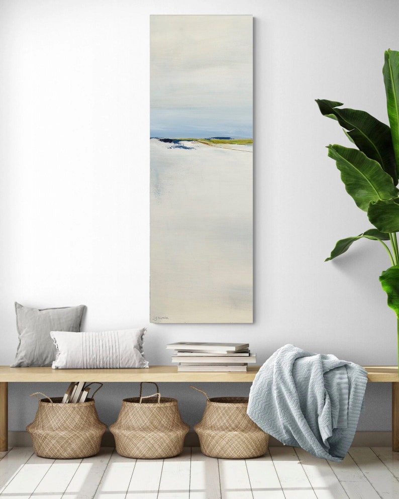 Tall Narrow Vertical Wall Art by Jacquie Gouveia, Calm Beach Canvas Print, Modern Coastal Home Decor, Vertical Coastal Art, Large Framed Art image 1