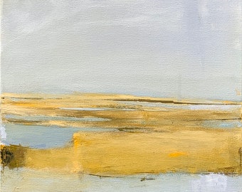 Framed Coastal Salt Marsh Painting by Jacquie Gouveia, 12x12 Golden Yellow Abstract Landscape Painting, Original Acrylic Painting on Canvas