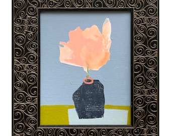 Pink Flower in a Vase Framed Painting by Jacquie Gouveia, Original Modern Floral Painting, Acrylic on Board Painting, Signed painting