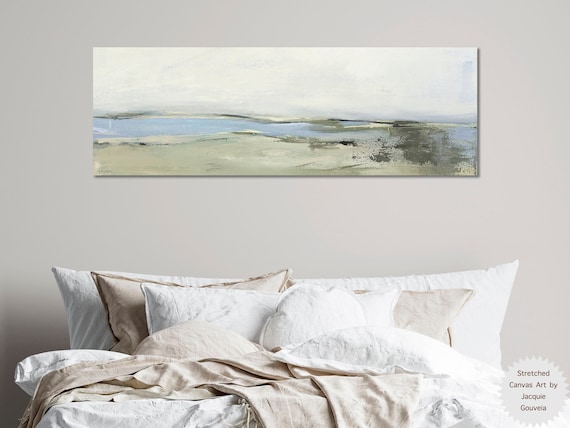 Long Horizontal Canvas Wall Art by Jacquie Gouveia, Calm Coastal Sage Green Landscape Print to Hang Over Bed, Oversized Panoramic Beach Art