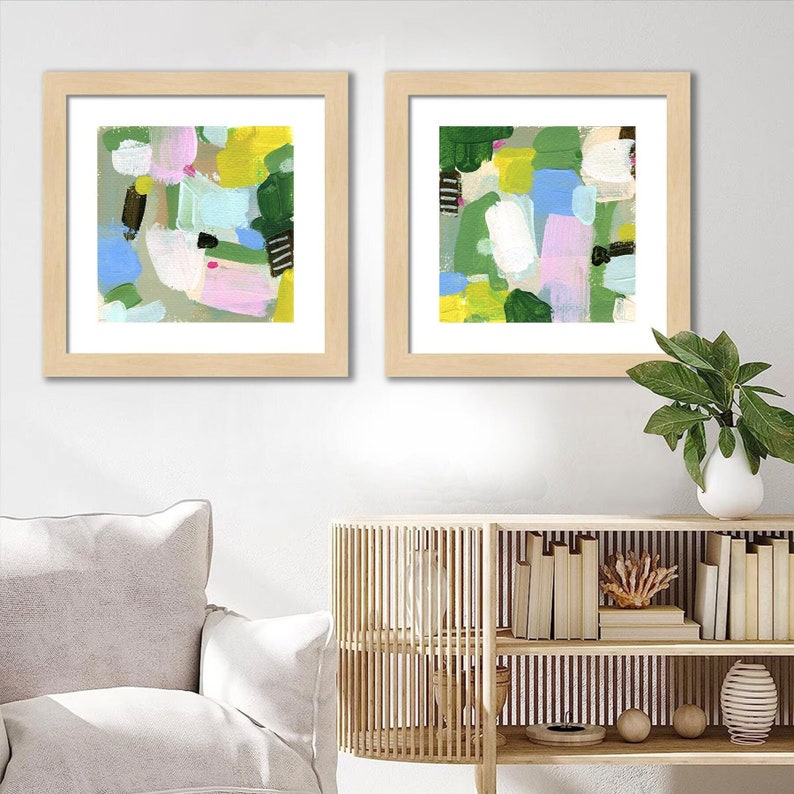 Set of 2 Vibrant Abstract Landscape Art Prints by Jacquie Gouveia, Group of 2 Colorful Art Prints, Square Pink Green Blue Canvas Prints image 2