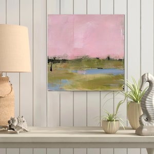 Original Abstract Landscape Painting by Jacquie Gouveia, 12x12 Pink Sky Landscape Art, Blue Pond in Green Field Wall Art on Canvas image 4