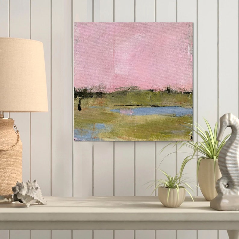 Original Abstract Landscape Painting by Jacquie Gouveia, 12x12 Pink Sky Landscape Art, Blue Pond in Green Field Wall Art on Canvas image 4