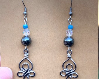 Handmade Upcycled Flirty Celtic Knot Earrings with Beads, Fun Funky Recycled Glass Beaded Jewelry, Sexy Boho Earrings, Celtic Knot Pendant