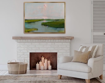 Large Framed Coastal Horizon Wall Art by Jacquie Gouveia,Horizontal Framed Canvas Art Print, Serene Tranquil Low Country Salt Marsh Seascape