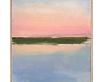 Original Framed Coastal Salt Marsh Painting by Jacquie Gouveia 16x20 Serene Abstract Landscape Painting, Dusk Dawn Pink Sky Canvas Painting