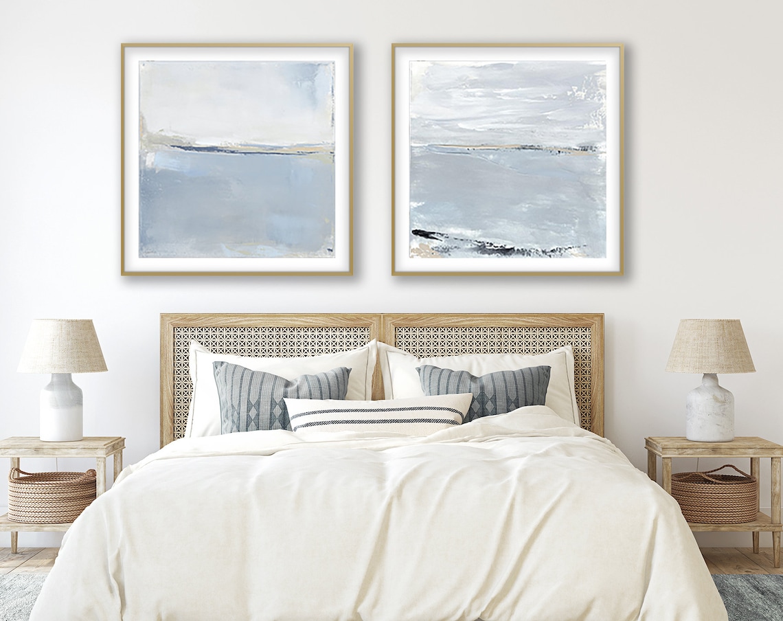 Set of 2 Modern Coastal Abstract Landscape Art Prints Gray Etsy
