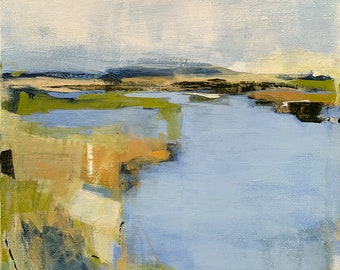 Original Coastal Salt Marsh Painting by Jacquie Gouveia 18x18 Tranquil Abstract Landscape Painting, Beachy Acrylic Painting on Canvas