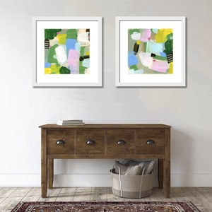 Set of 2 Vibrant Abstract Landscape Art Prints by Jacquie Gouveia, Group of 2 Colorful Art Prints, Square Pink Green Blue Canvas Prints image 4