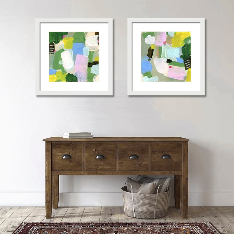 Set of 2 Vibrant Abstract Landscape Art Prints by Jacquie Gouveia, Group of 2 Colorful Art Prints, Square Pink Green Blue Canvas Prints image 4