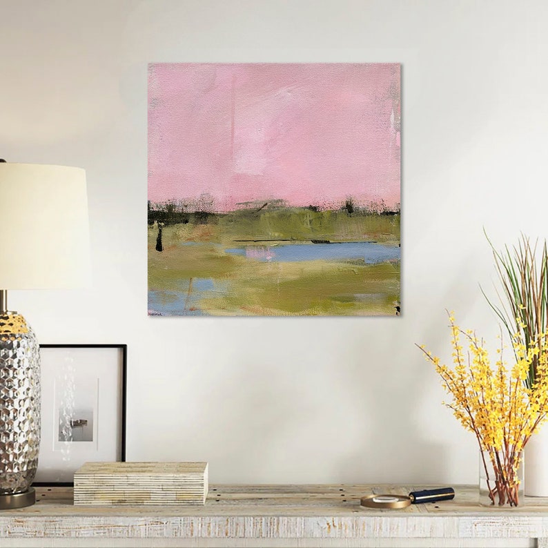 Original Abstract Landscape Painting by Jacquie Gouveia, 12x12 Pink Sky Landscape Art, Blue Pond in Green Field Wall Art on Canvas image 2