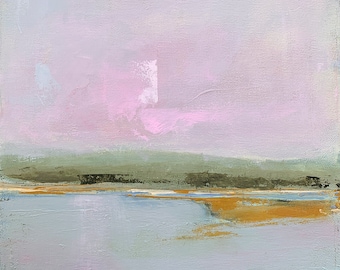 Original Abstract Coastal Painting by Jacquie Gouveia, 12x12 Pink Sky Salt Marsh Landscape Art, Water Reflections Wall Art on Canvas