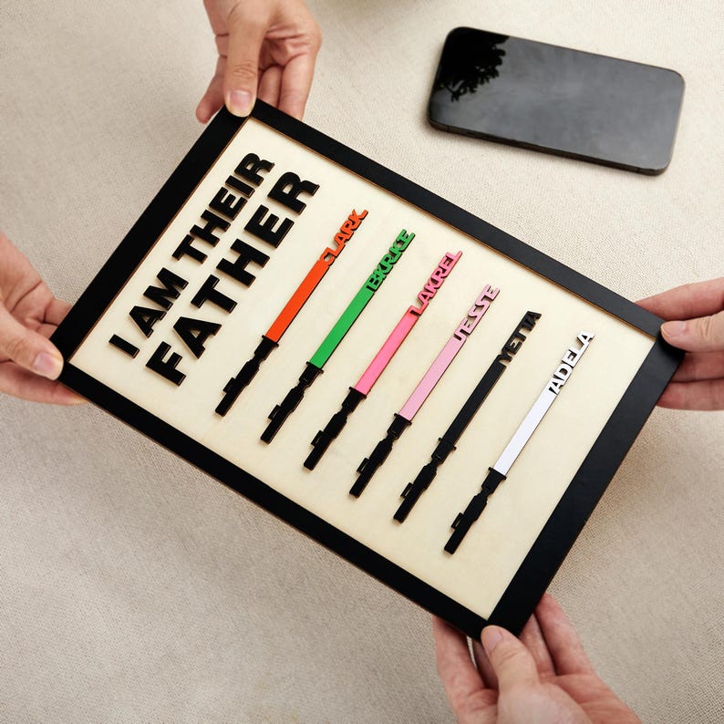 Puede incluir: Un letrero de madera enmarcado en negro con el texto "I AM THEIR FATHER". Debajo, seis dise&ntilde;os de sables de luz de colores con nombres. Los sables son rojos, verdes, rosas, negros y blancos.