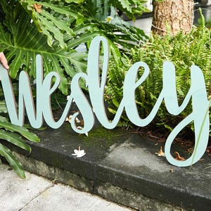 Puede incluir: Un letrero grande de madera en cursiva que deletrea el nombre "Wesley" en color azul claro. El letrero está colocado al aire libre, con un exuberante follaje verde de fondo. El letrero es sostenido por una mano.