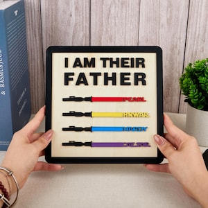 Puede incluir: Letrero de madera con la frase "I AM THEIR FATHER" en letras negras. Debajo, cuatro dise&ntilde;os de sables de luz coloridos con los nombres: Pearl, Hnwar, Thardy y Cae Star. El letrero est&aacute; enmarcado en negro.
