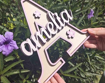 Letrero personalizado para dormitorio con flores, placa infantil personalizada con nombre e inicial, placa con nombre para adolescentes, letrero con nombre en mayúsculas