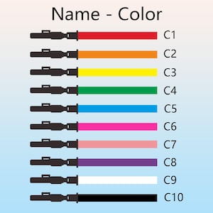 Puede incluir: Gr&aacute;fico que muestra diez sables de luz en varios colores: rojo, naranja, amarillo, verde, azul, rosa, rosa claro, morado, blanco y negro. Cada sable de luz est&aacute; etiquetado con un c&oacute;digo de color de C1 a C10. El t&iacute;tulo dice "Name - Color".