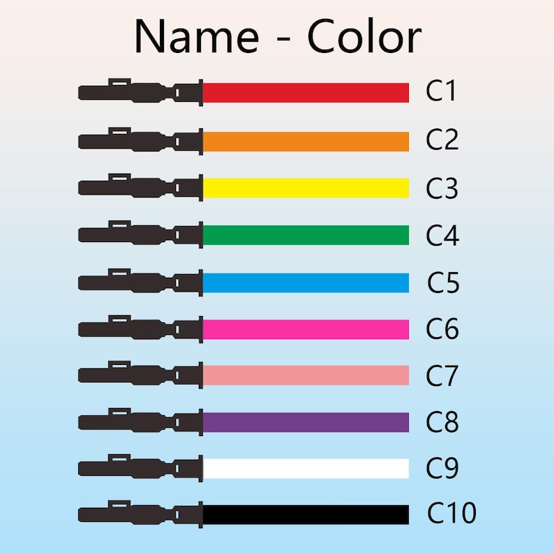 Puede incluir: Gr&aacute;fico que muestra diez sables de luz en varios colores: rojo, naranja, amarillo, verde, azul, rosa, rosa claro, morado, blanco y negro. Cada sable de luz est&aacute; etiquetado con un c&oacute;digo de color de C1 a C10. El t&iacute;tulo dice "Name - Color".