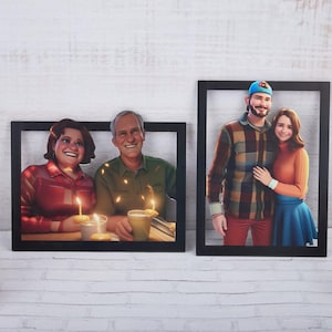 Arte de parede de família de desenho animado de madeira 3D personalizada, retrato de desenho animado de amantes personalizado, presente para família, presente para namorados, retrato 3D personalizado