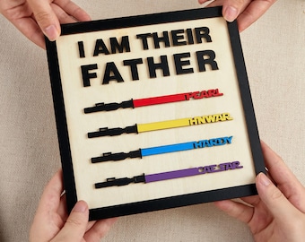 Letrero personalizado de Star Wars "Soy su padre" para papá. Letrero de madera con sable de luz y nombre de padre e hijo para el Día del Padre.