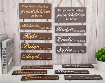 Födelsedagsskylt för barnbarn, anpassningsbar träplakett för födelsedagar eller jul, namnskyltar för att hänga skyltar för barnbarn och familj