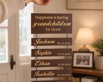 Letrero de cumpleaños para nietos, placa de madera personalizable para cumpleaños o Navidad, placas con nombres para colgar, letreros para nietos y familiares.