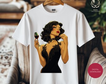 May include: White t-shirt with a graphic of a woman in a black lace dress holding a glass of wine.