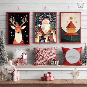 Conjunto de arte de parede de rena de Natal nórdica | Impressão rústica de Papai Noel, decoração festiva de inverno, arte divertida de Natal para casa e presentes, pôster de Natal