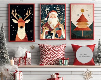 May include: Three digital printable Christmas illustrations in red frames. The first illustration features a red-nosed reindeer with a green and red hat against a black background with white snowflakes. The second illustration features Santa Claus with three reindeer against a green and brown background with white snowflakes. The third illustration features a red, yellow, and green Christmas tree against a green and brown background with a yellow sun and white snowflakes.