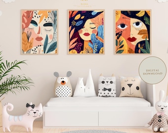 Fall Nursery Prints: Abstract Faces, Autumn Leaves (Digital Download)
